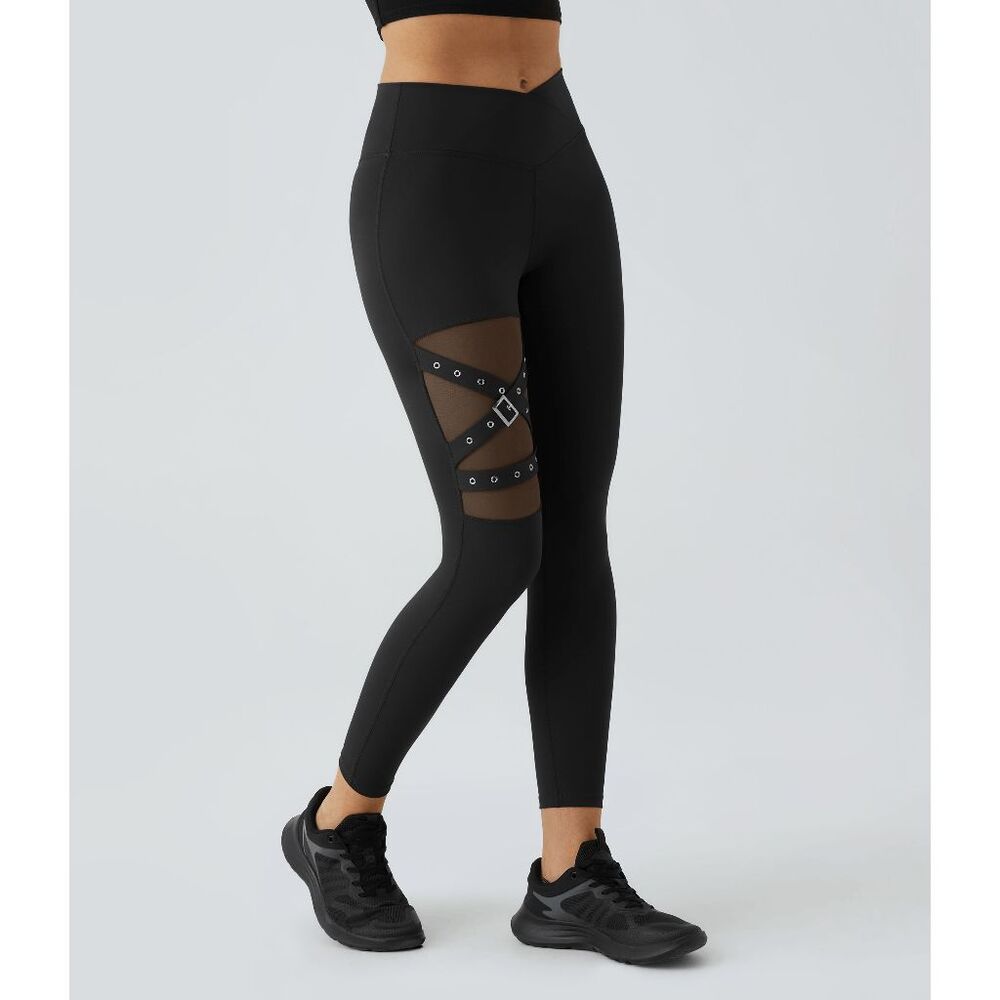 NWT HALARA High Waisted Mesh Decorative Buckle Black Yoga Leggings SIZE S - Picture 2 of 9